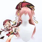 Искусственные парики для косплея Yanfei с челкой, розовые ударные кусочки волос Genshin, парик для конского хвоста для женщин, вечерние волнистые, мудрые невинности