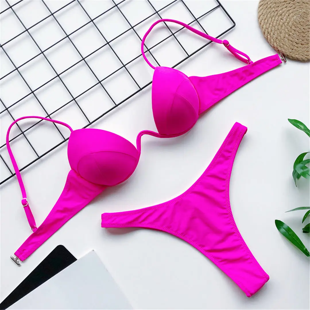 Hot Pink Сексуальный треугольный бюстгальтер на косточках, чашечки бикини, женский купальник, женский купальник, комплект бикини из двух предметов, v-образный вырез, купальный костюм V1732 - Цвет: Hot Pink