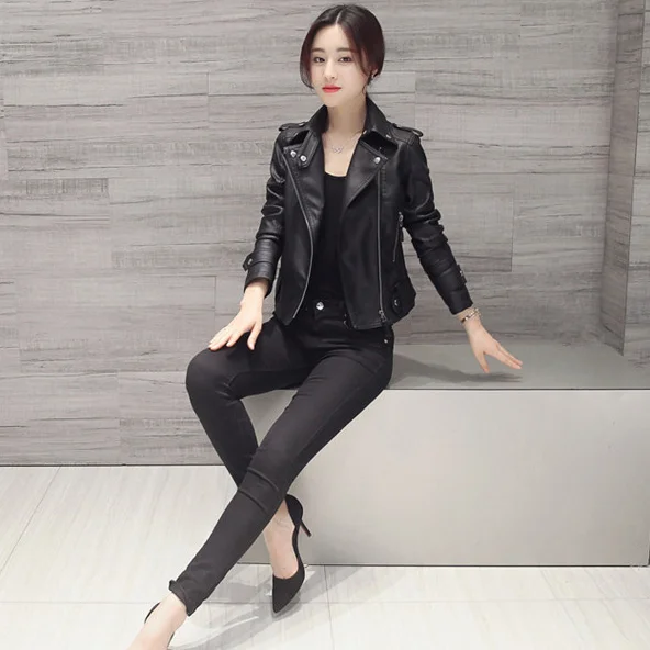 

GOOHOJIO 2021 Autumn Classic Coat Loose Faux Leather Outerwear Basic Zipper Jackets Chic Fashiom PU Faux Leather Jacket Women