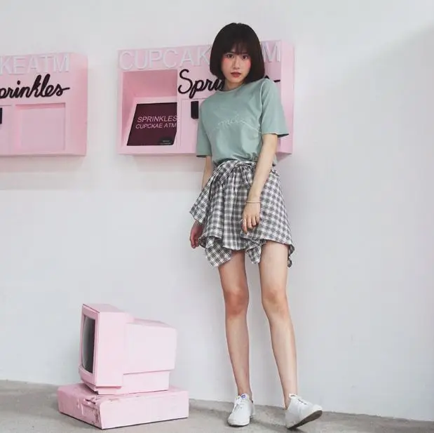 Клетчатые юбки с искусственным рукавом выше колена Мини повседневные Harajuku