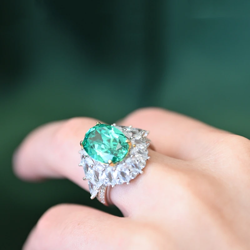

Serenity Day S925 Silver Ring 10*14mm Luxury High Carbon Diamond Tourmaline Paraiba Sparkling Gemstone Rings For Women Wedding