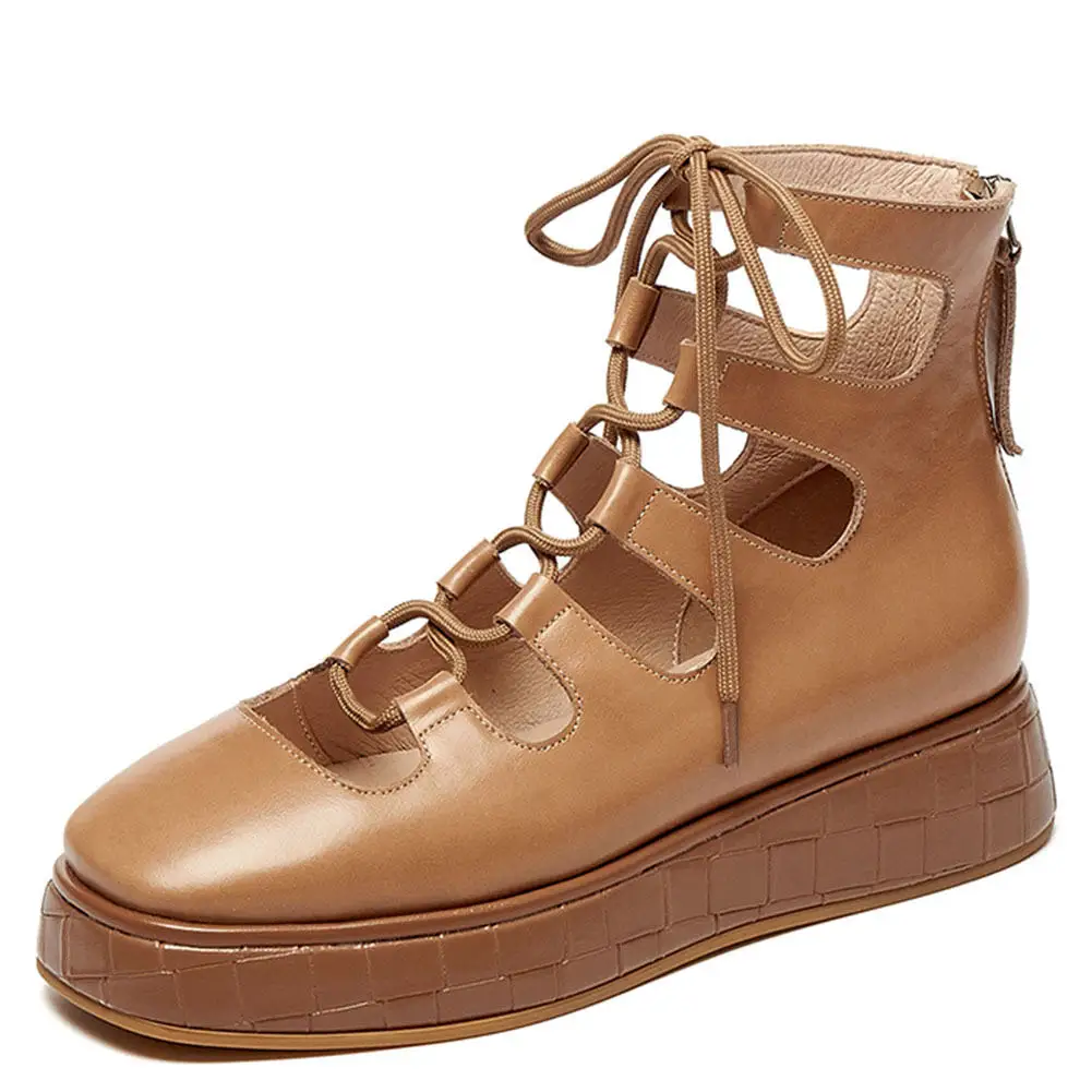 

Sorphio Genuine Leather Female Fashion Zipper Punk Women Shoes Summer Platform Pumps Women Vintage Lace Up Wedges Pumps