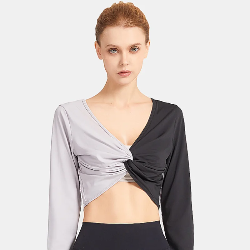 

NEW Women Sexy Double-Sided Reversible V-Neck Wear Long Sleeves Quick Dry Button-Knot Yoga Fitness Crop Top Slim Gym Shirts