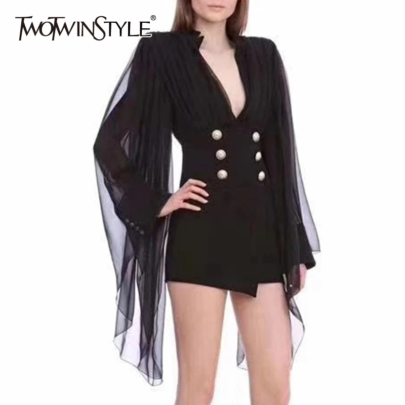 TWOTWINSTYLE элегантное Сетчатое платье в стиле пэчворк с v-образным вырезом и длинными