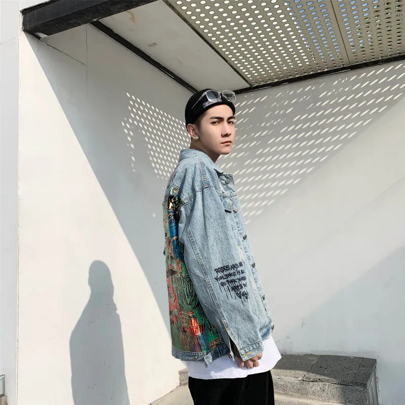 

2021 High Street Spring Autumn Men's Jacketn Frayed Denim Jacket Little Demon Graffiti Print Casual Loose Outerwear Brand Coat
