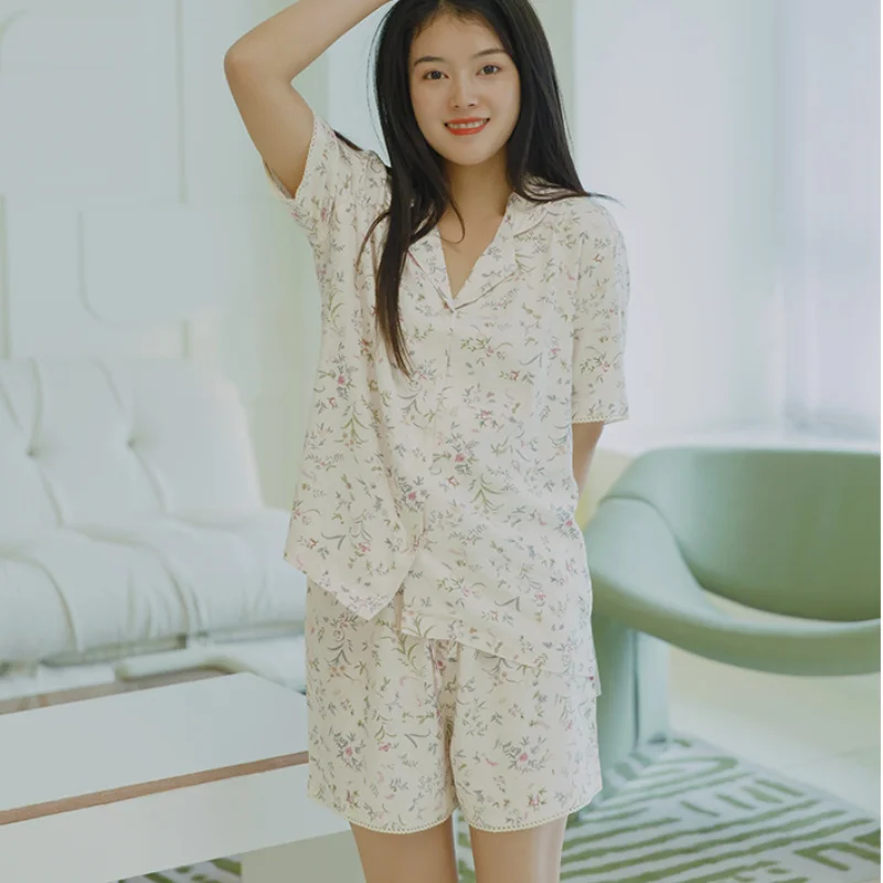 

Floral Pastoral Style Comfortable Viscose Pajamas Women Summer Short-sleeved Thin Two-piece Fresh Home Service Kawaii Pajama