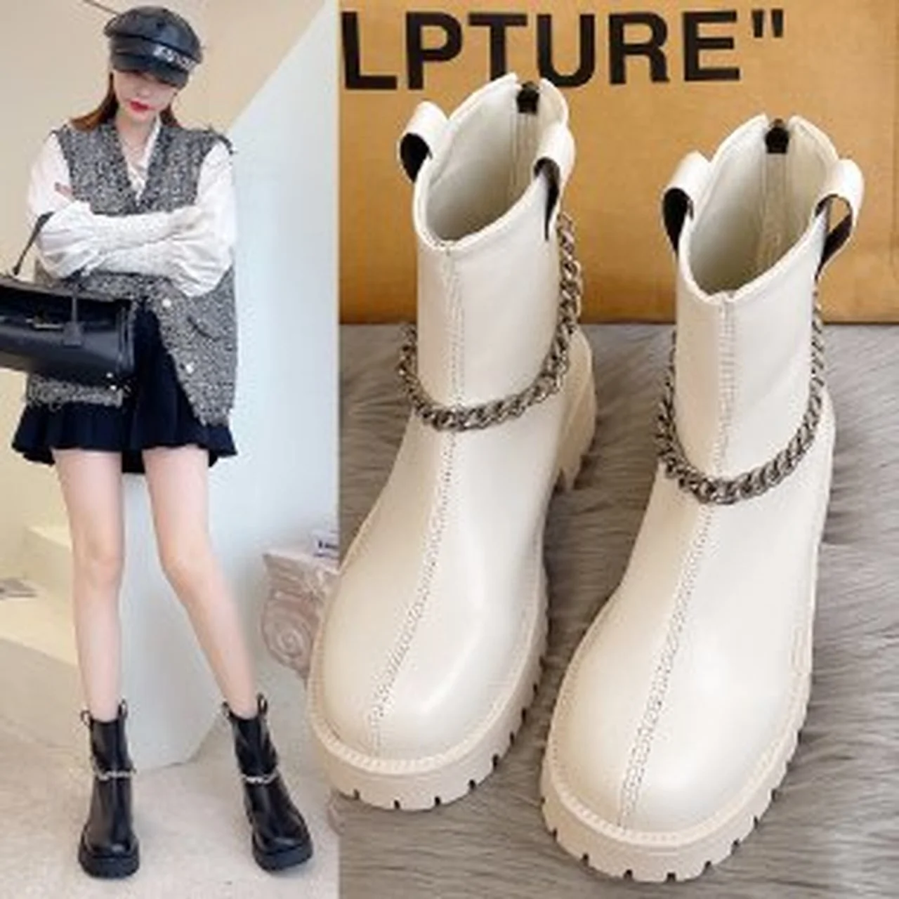 

Новинка 2021, женские ботинки в британском стиле, Модные осенние короткие ботинки на толстом каблуке, женская обувь на платформе с украшением-...