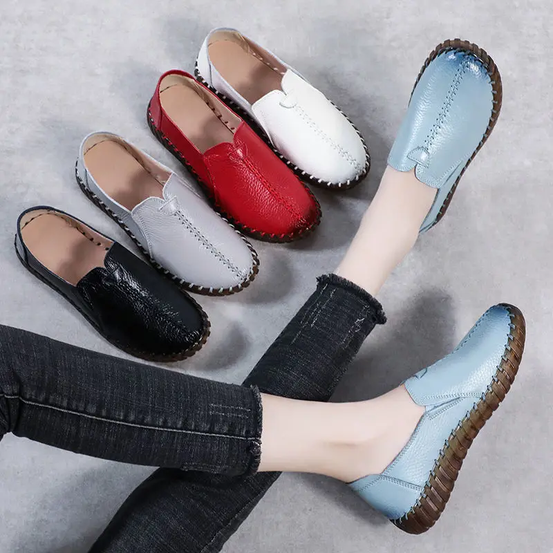 Red Hollow Out Flats For Women Genuine Leather Loafers Breathable Flat Shoes Ladies White Loafers Women's Ballet Flats Moccasins