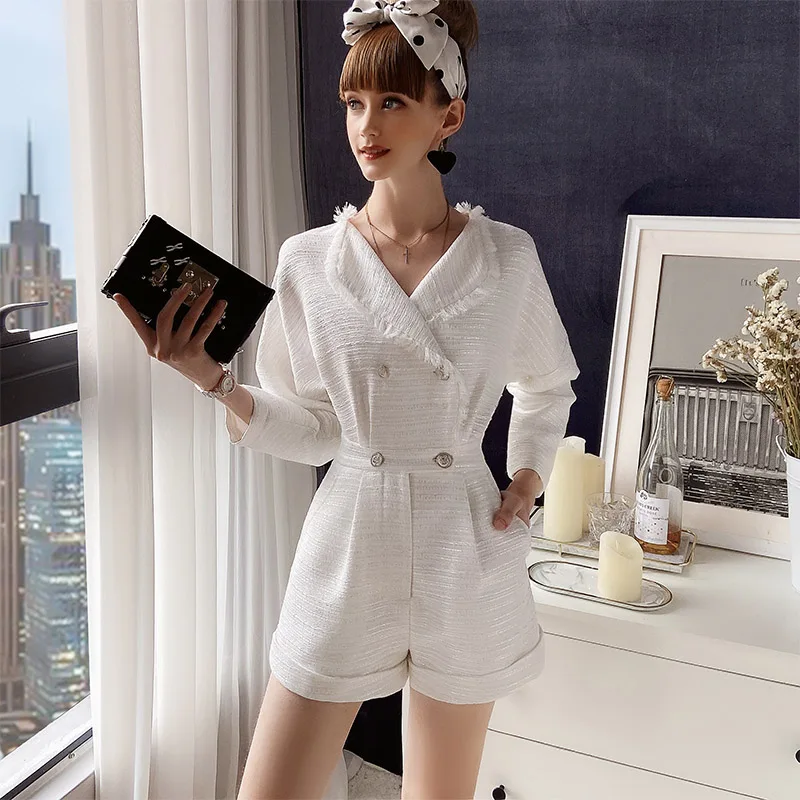 Dabuwawa Elegant Women Playsuits Short Sleeve Buttons Female Romper Jumpsuit Spring Summer Ladies Solid Overalls DO1AJP005