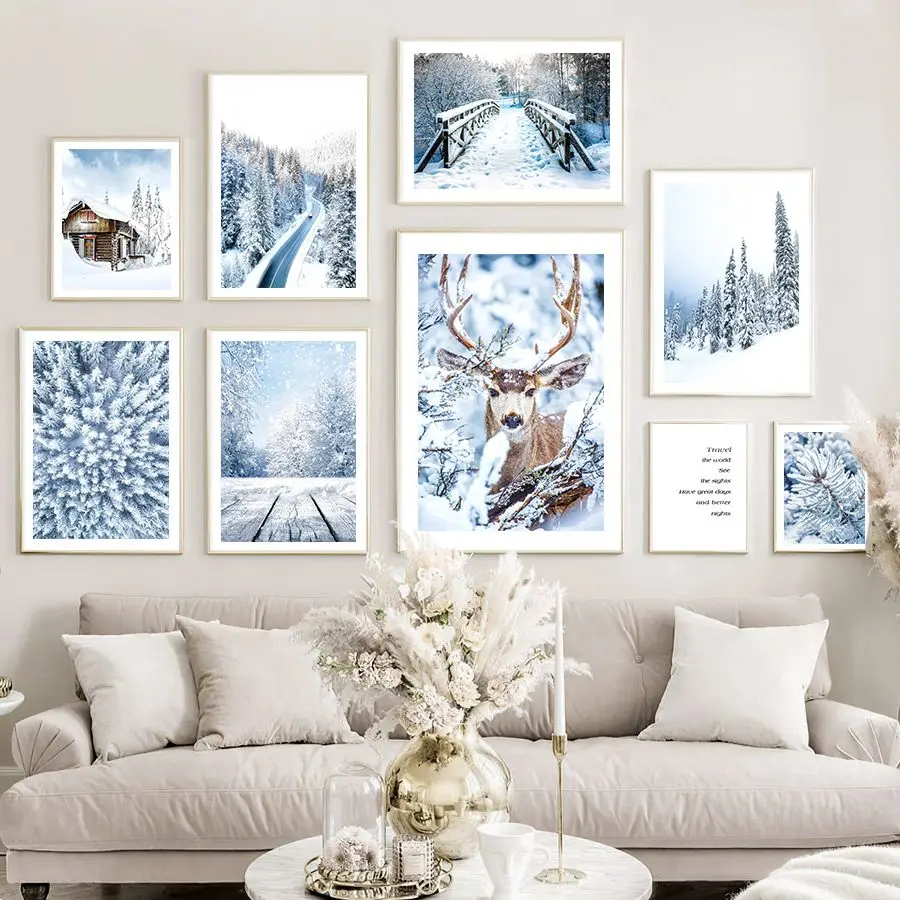 Зимний снег сосновый лес олень каюта природа стены искусства холст картина