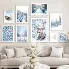 Зимний снег сосновый лес олень каюта природа стены искусства холст картина скандинавские постеры и принты настенные картинки для декора гостиной