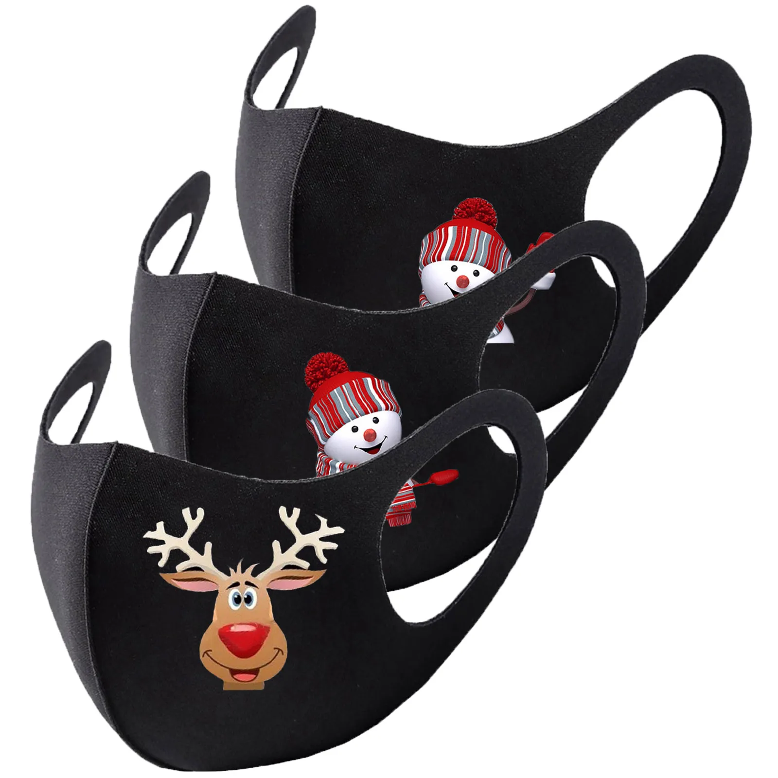 

3pc Black Mask Reusable Washable Fabric Face Mask Cotton Snowman Masks Cloth Pm2.5 Filter Mouth Mask Party Christmas Mask d5