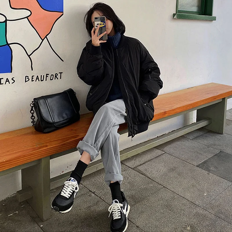 

Parkas Women Zipper Pockets Wind-proof Warm Pilot Korean Style Unisex Boyfriend All-match Couple Fashionable Harajuku Chic Tops