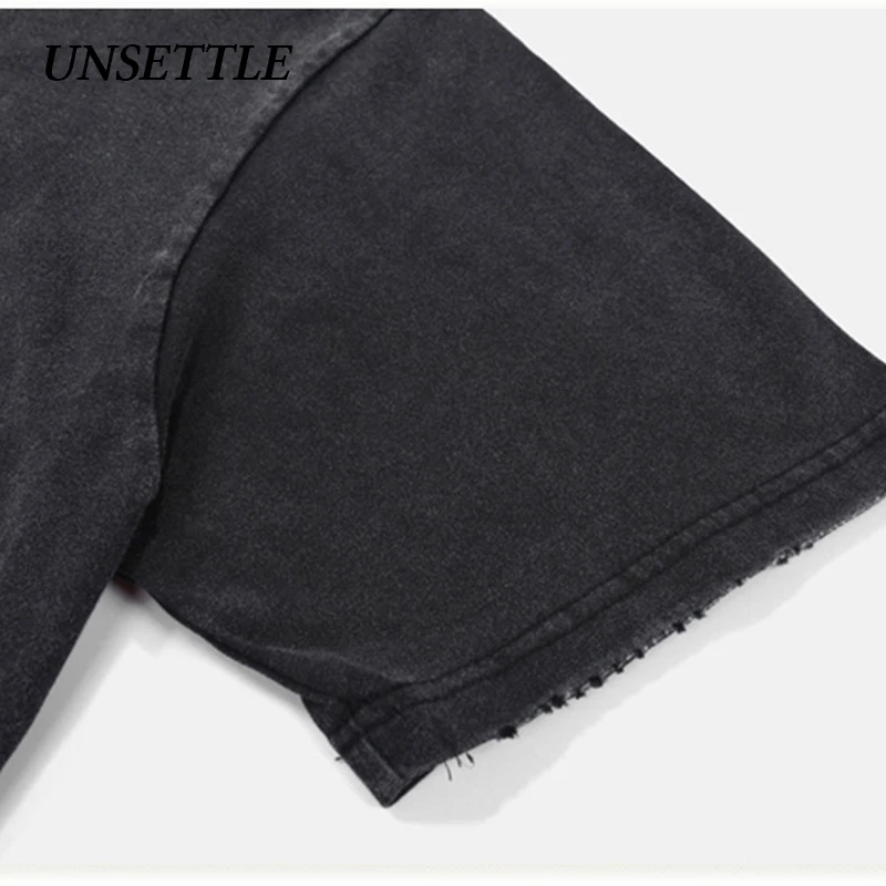 UNSETTLE High Street Heavy Weight Fabric Washed T-shirts Men Hip Hop Print Gothic Skulls Streetwear tshirt Short Sleeve Tees | Мужская