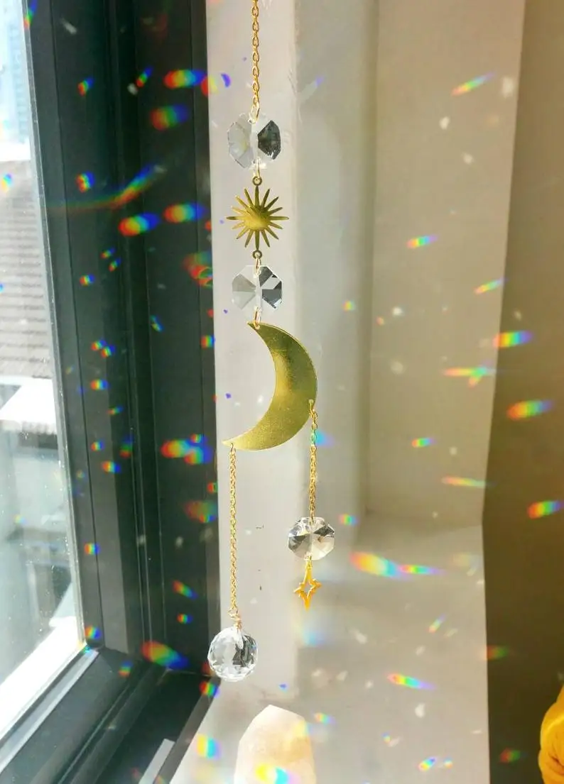 

Moon Crystal Sun catcher for Window Aura Crystal Hanging Prism Celestial Rainbow maker Boho Witchy decoration Sun and Moon