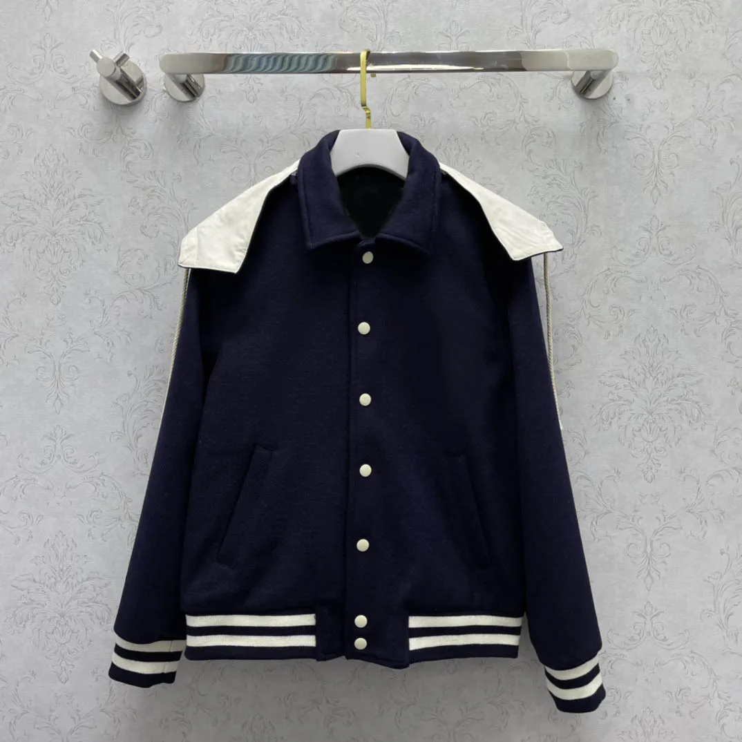 

High-end Dark Blue Wool Coats for Women Top Quality 3D Cut Contrast Hem Letter Decal Hooded Baseball Jackets Lady Winter 2021