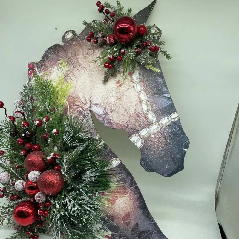Guirnalda de Navidad con cabeza de caballo para puerta Delantera, colgante de cabeza de Animal para jard&iacute;n al aire libre, adornos colgantes de pared para el hogar, novedad-3