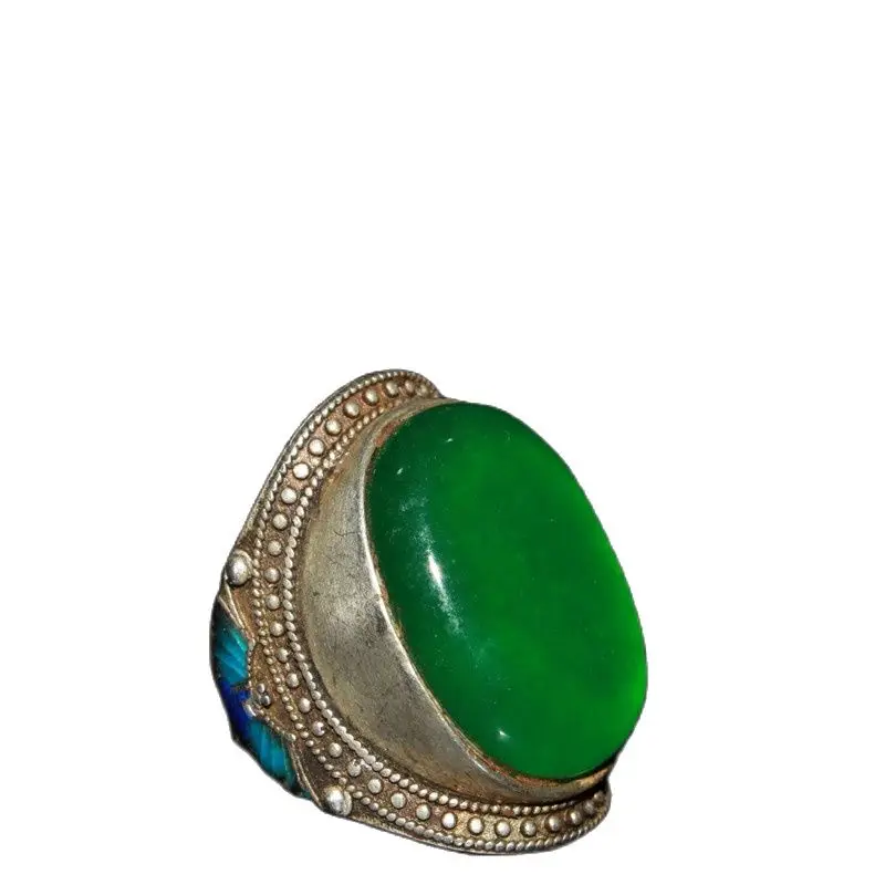 

China Old Tibetan Silver Inlaid Emerald Blue Burning Ring Ornament