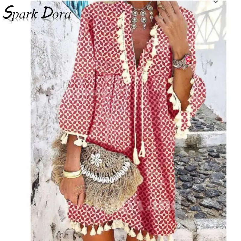 

Бесплатная доставка, сексуальное летнее платье, популярное, рукав три четверти, бахрома, оборки, v-образный вырез, элегантное платье, хит разноцветное платье для женщин