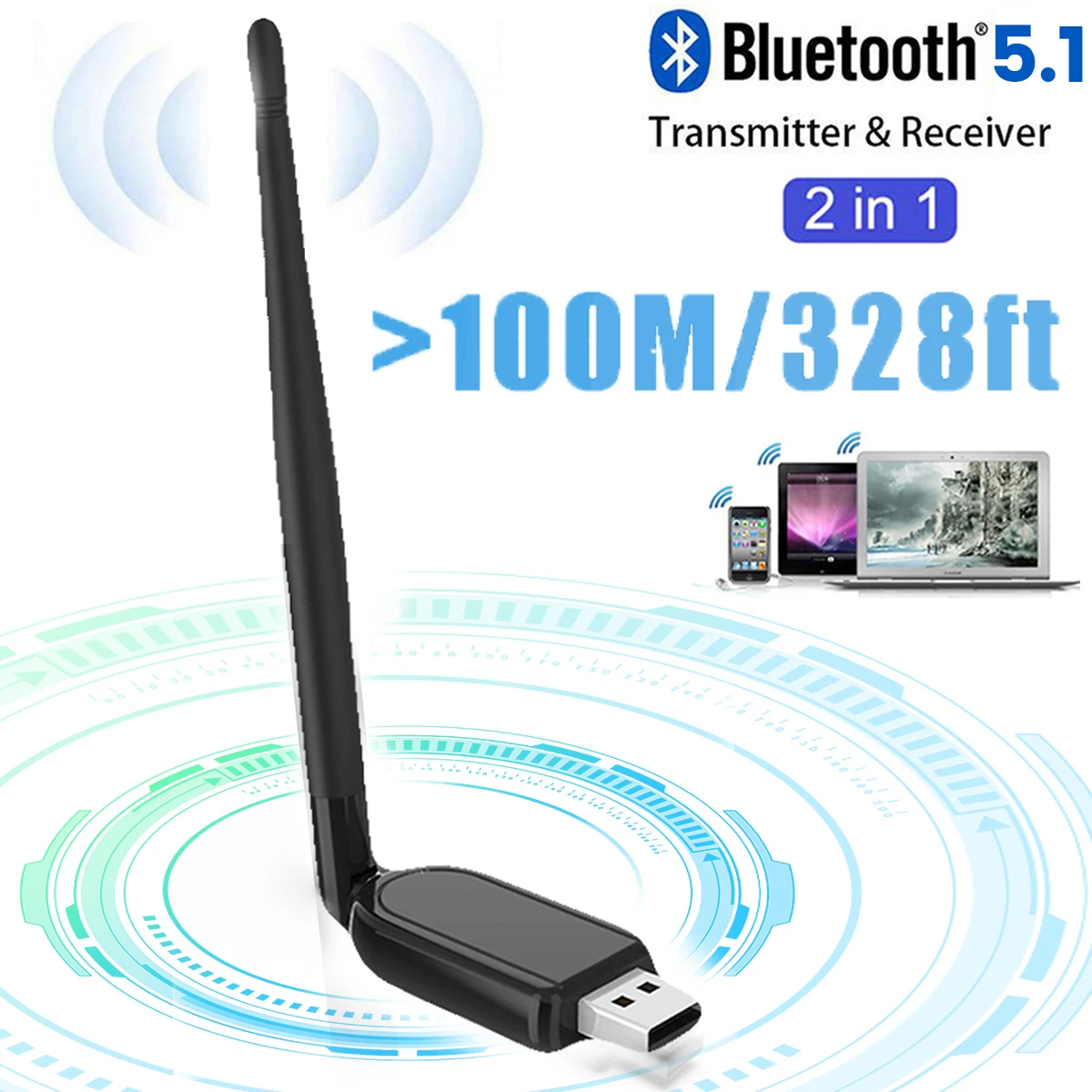 

100M Bluetooth 5.1 Transmitter Audio Receiver Stable Transmission Wireless USB Adapter For TV PC Speaker with External Antenna