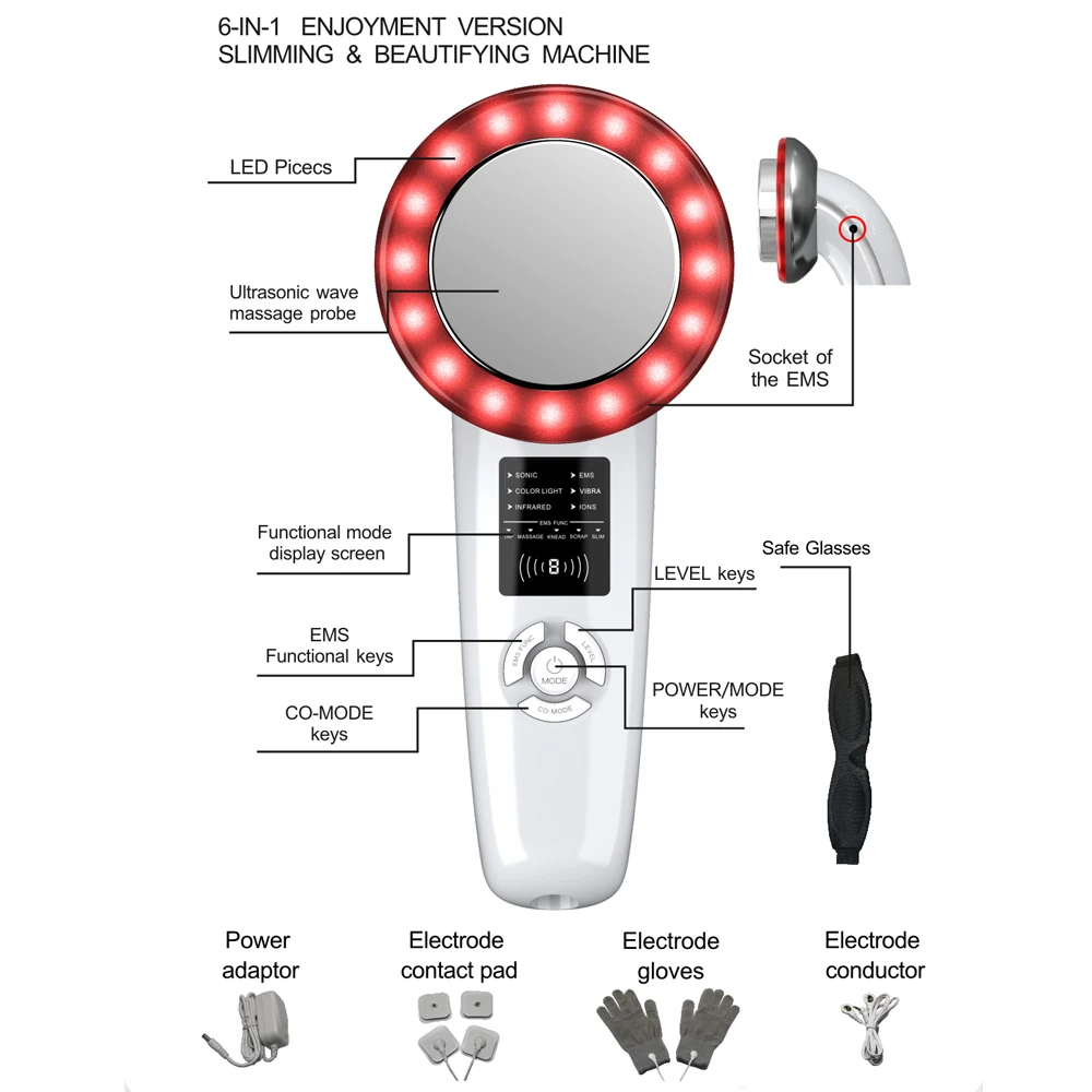 Kopen 6 In 1 Ultrasone Cavitatie Afslanken Machine Body Fat Burner Anti Cellulite Massager Galvanische Infrarood Led Photon Facial Apparaat