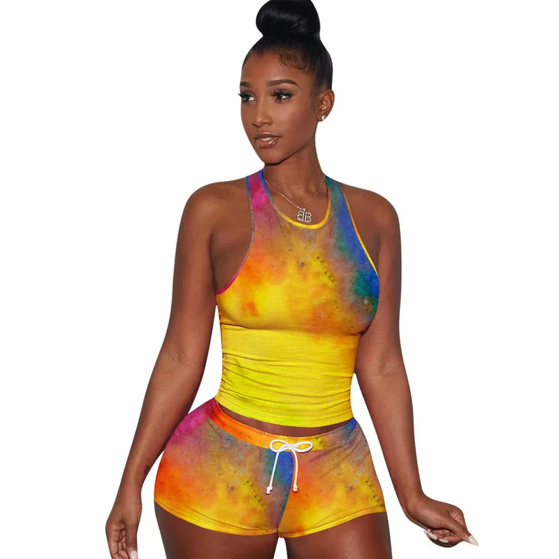 

Women Fitness Two Piece Outfit Summer Tracksuit Tie Dyeing Print Tank T-Shirt And Biker Short Sweat Suit Matching Set Tracksuit