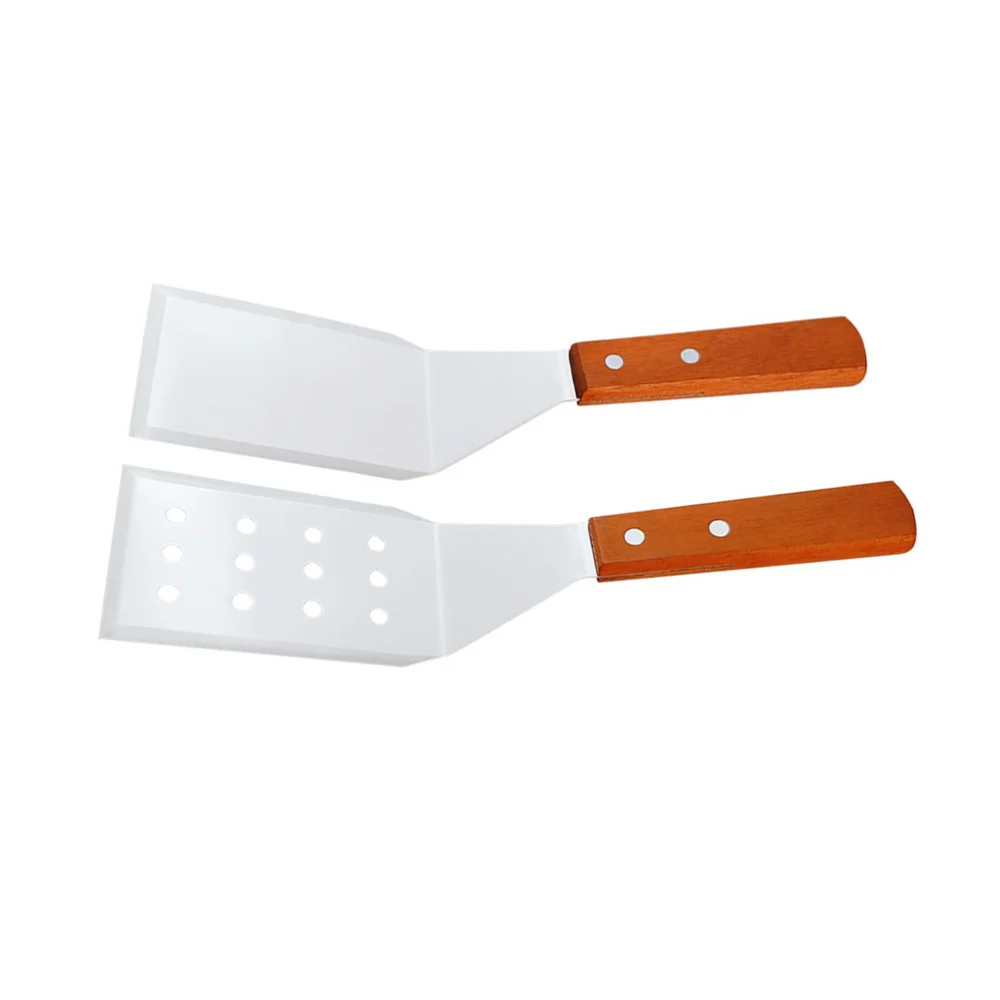 

2PCS Wooden Handle Multifunctional Steak Spatula Stainless Steel Pizza Cooking Shovel Kitchen Server