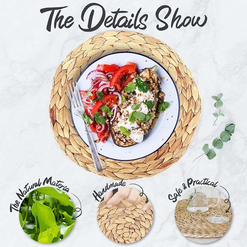 

6Pac Round Woven Placemats for Dining Table Straw Braided Placemat, Heat Resistant Non-Slip Weave Placemats TLSM