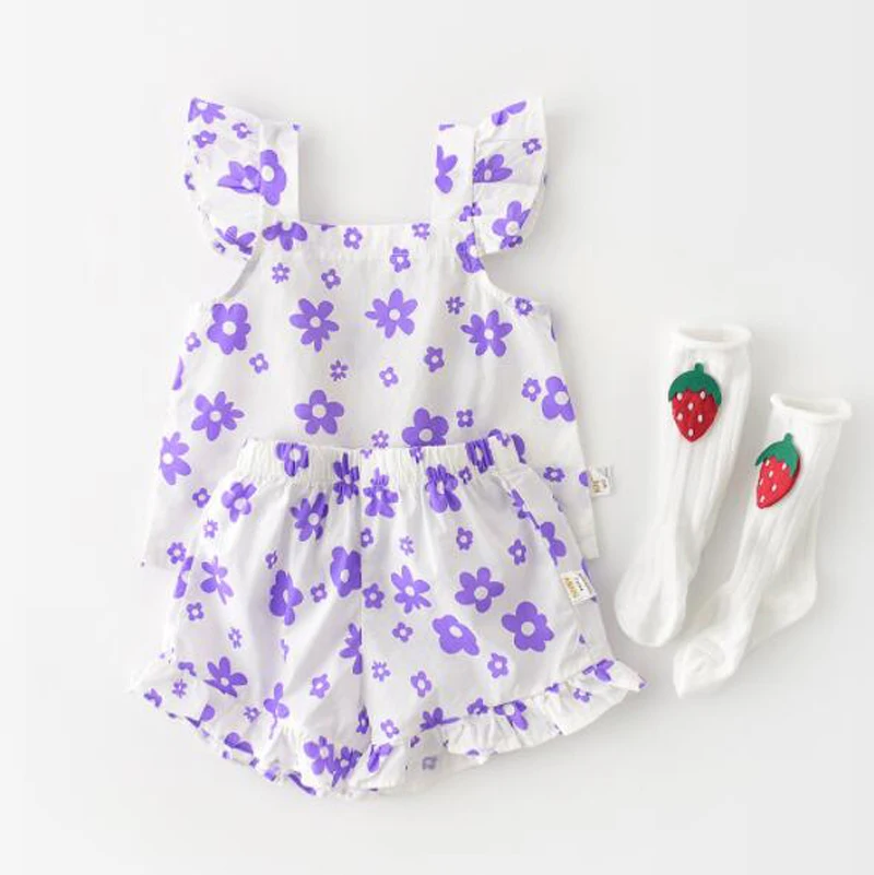 

Cultiseed Baby Girls Summer Cute Floral Print Top+Ruffled Shorts 2pc Sets Clothing Children Kids Holiday Casual Suits