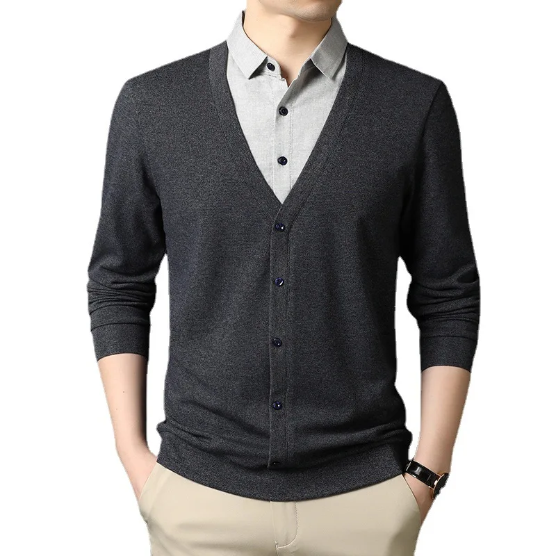 

Свитер мужской с воротником-рубашкой, модный однотонный пуловер с имитацией двух предметов, деловая повседневная одежда, весна 2021