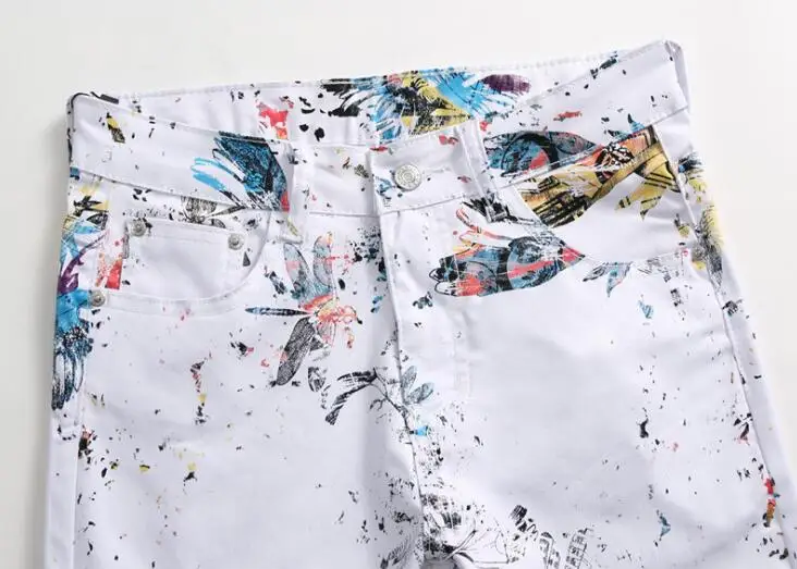 White stretch mens jeans dragonfly print trousers pantalones de mezclilla Hairstylist Fall flower pants slim feet pants