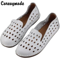 careaymade free shippinghot new pure handmade genuine leather casual flat shoesfemale white hollowed out sandals