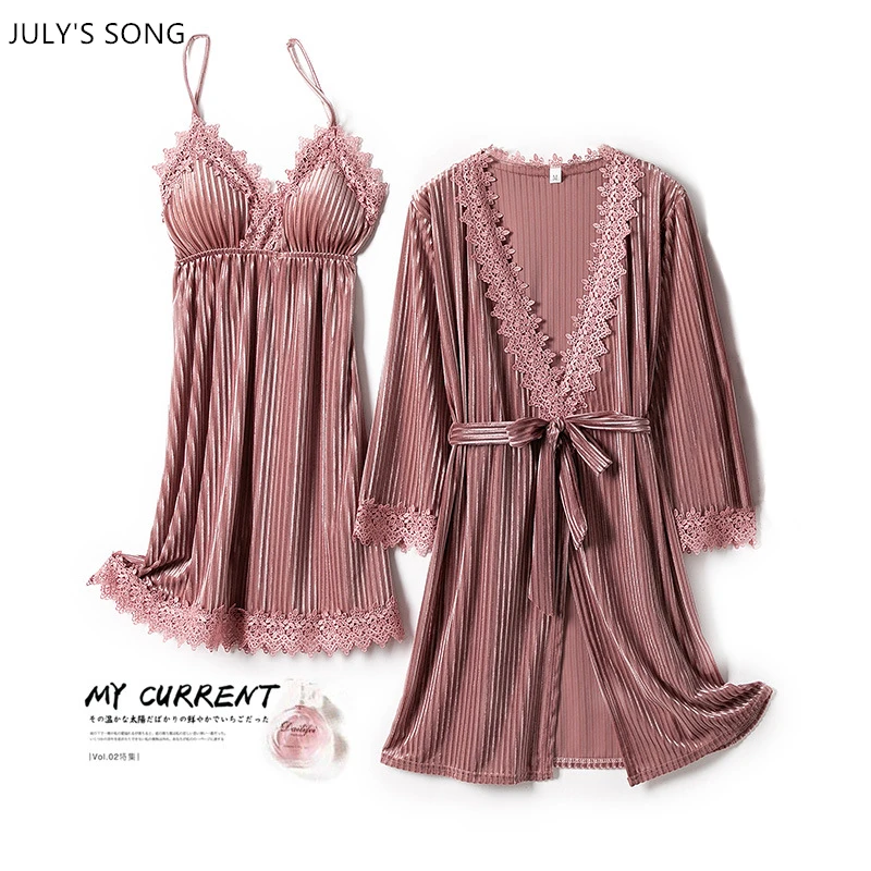 

JULY'S SONG Women Robe Nightdress 2 Pieces Pajamas Set Velvet Autumn Spring Sexy Sling Lace Stripe Sleepwear Female Pajamas Suit