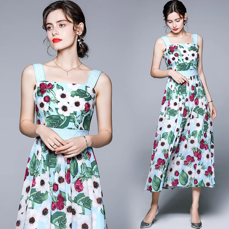 

Spaghetti Strap Square Collar dress Women sleeveless Vintage tulip Flower printed dresses for female summer thin dress vestidos