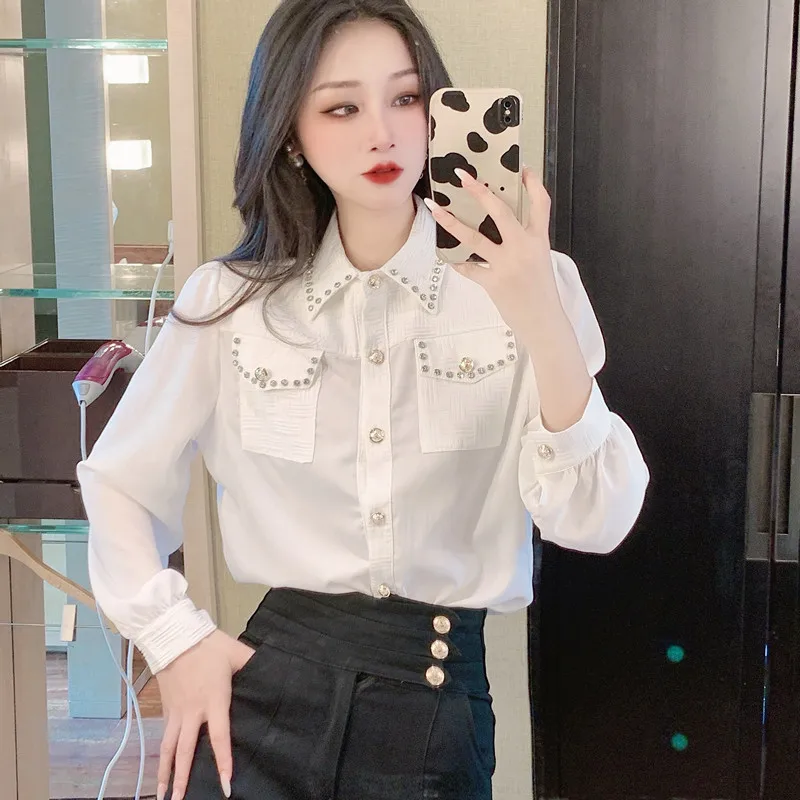 

Splicing Women's Blouse Chiffon Polo Girl's Shirt Summer Long Sleeve Top Casual Loose Lace Clothing Lady Houthion
