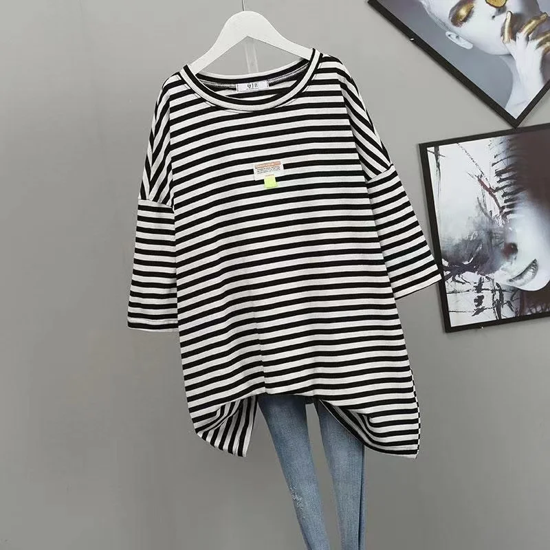 

Plus Size Summer Short New Women Summer Mid-Length Long Loose Elastic Comfort T Shirt Lady Tops 2021 With Sleeve Female Clothes