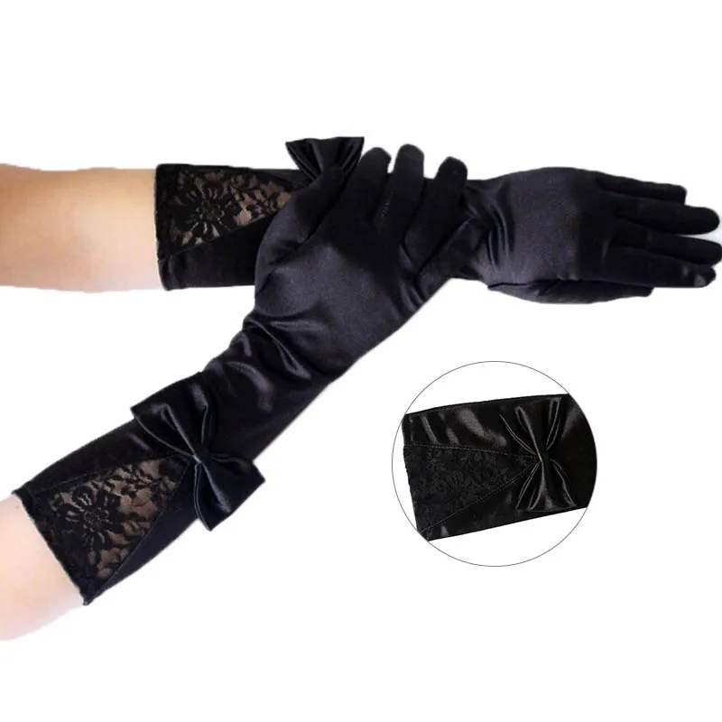 

1Pair Women Black Lace Patchwork Satin Gloves With Bowknot Sexy Clubwear Party Dance Performance Gloves Accessories