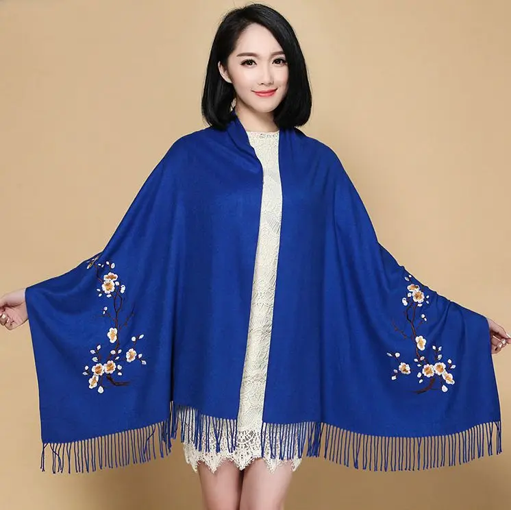 jewelblue Женские кашемировые шарфы с кисточками Цветочная вышивка пашмины 200*70 см длинные мягкие обертывания теплые женские зимние шали - Цвет: jewelblue