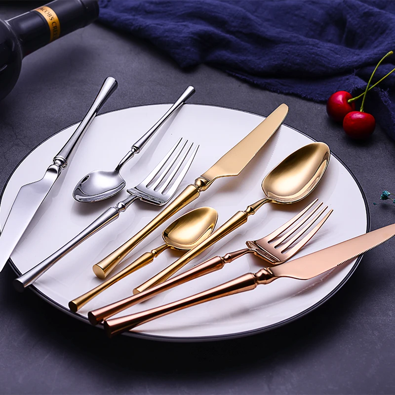 24 unids/lote comida coreana cuberteria portatil 304 cuchillo de mesa acero inoxident S poon tenedor juego vajilla oro|Столовые
