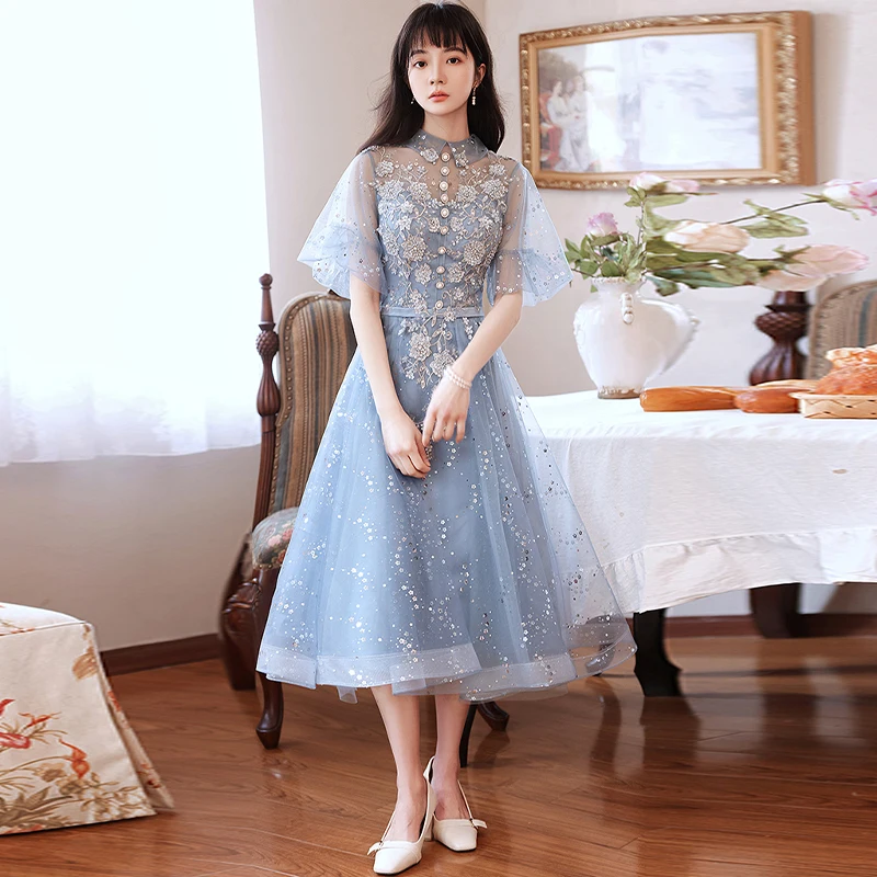 

High Neck Elegant Evening Dress Empire Half Sleeves Sequins Appliques A-Line Ruched Tea-Length Woman Formal Party Gowns A1599