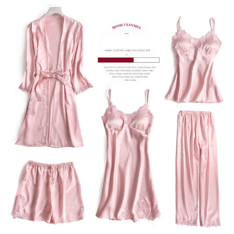 Пижама женская атласная из искусственного шелка комплект 5 предметов домашняя
