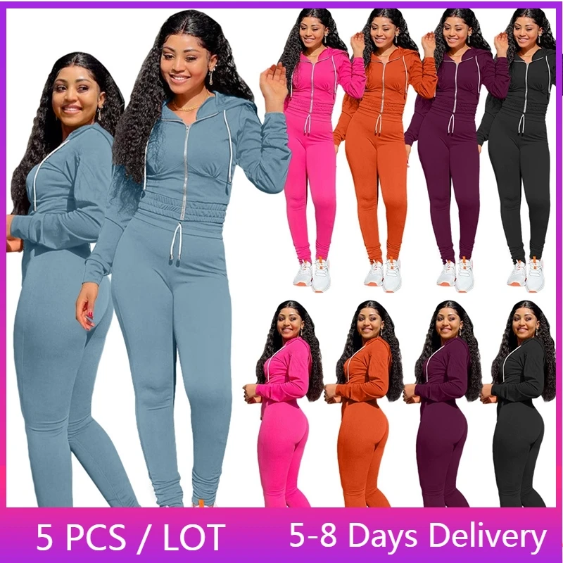 

Оптовая продажа, повседневные обтягивающие спортивные костюмы для женщин, Осенний Модный комплект для фитнеса с толстовкой и брюками, спортивная одежда, однотонные женские комплекты для бега