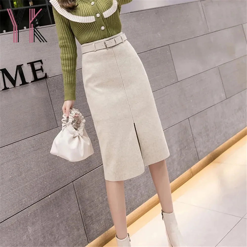 

Autumn Winter Belt High Waist Slim Pencil Skirts Office Lady Work Women Sukienka Elegant Button Slit Korean Fashion Warm Saia