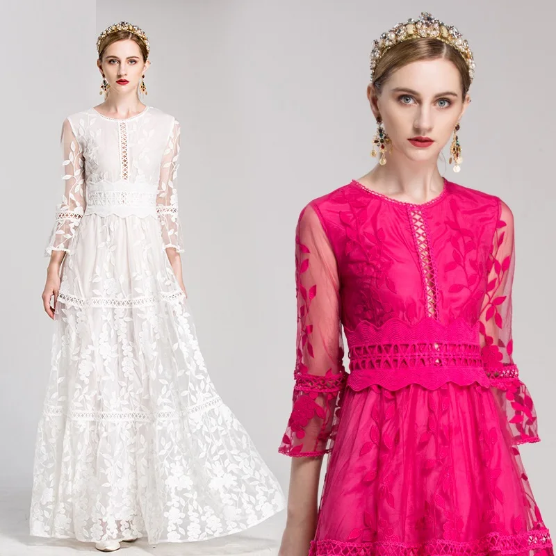 

Floor Length Dress 2020 Spring Autumn Wedding Party Vestidos Women Hollow Out Embroidery Flower Flare Sleeve White Maxi Dress