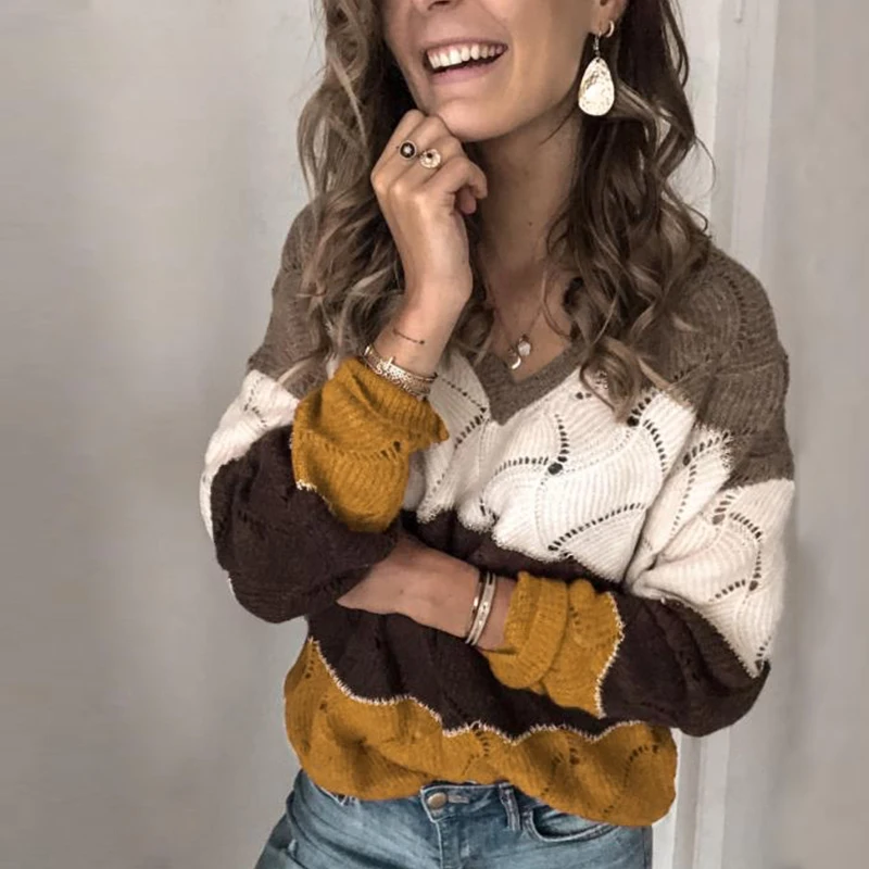 

Chic 2020 Fall Winter Fashion Contrast Color Striped Sweaters Women V-neck Oversized Plus Size Loose Knitted Pullovers Jumpers