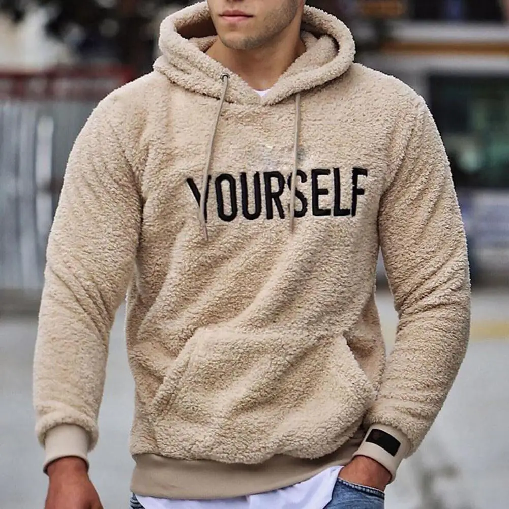 

Autumn Winter Casual Men Hooded Sweatshirt Letters Embroidery Long Sleeve Pullover Spring Men Pockets Plush Warm Hoodie
