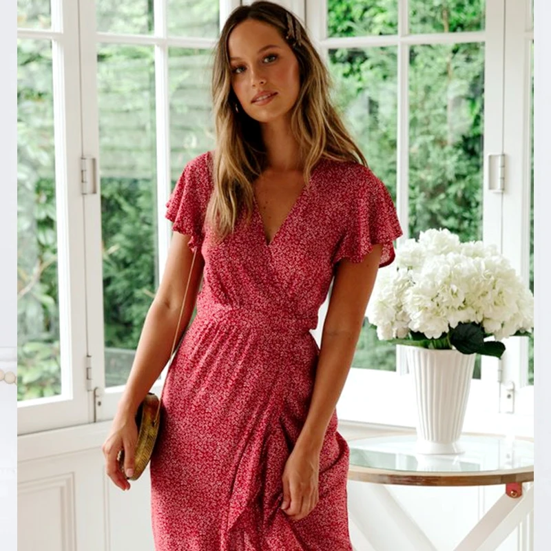 

Summer Beach Maxi Dress Women Floral Print Boho Long Chiffon Dress Ruffles Wrap Casual V-Neck Split Sexy Party Dress Robe #933X