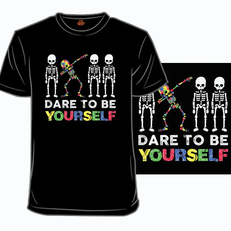 

Dare To Be Yourself Skeleton Dabbing Autism Awareness T-Shirt Men Personalized Short Sleeves Blue Crew T-Shirts