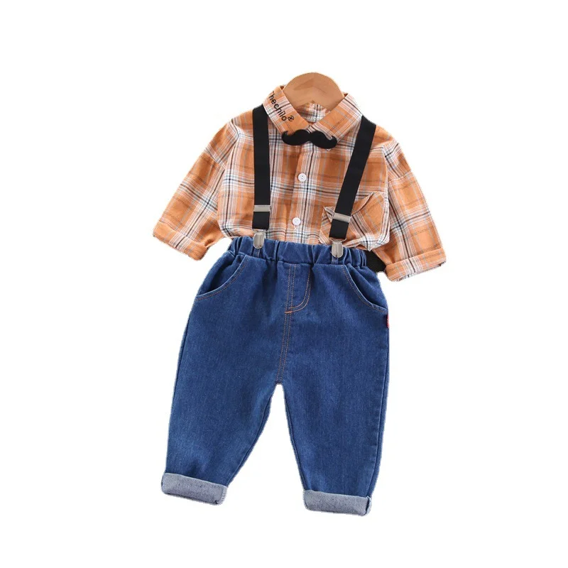

Spring Autumn Children Cotton Clothes Baby Boys Girl Lattice Shirt Overalls 2Pcs/sets New Infant Tracksuit Kids Toddler Costume