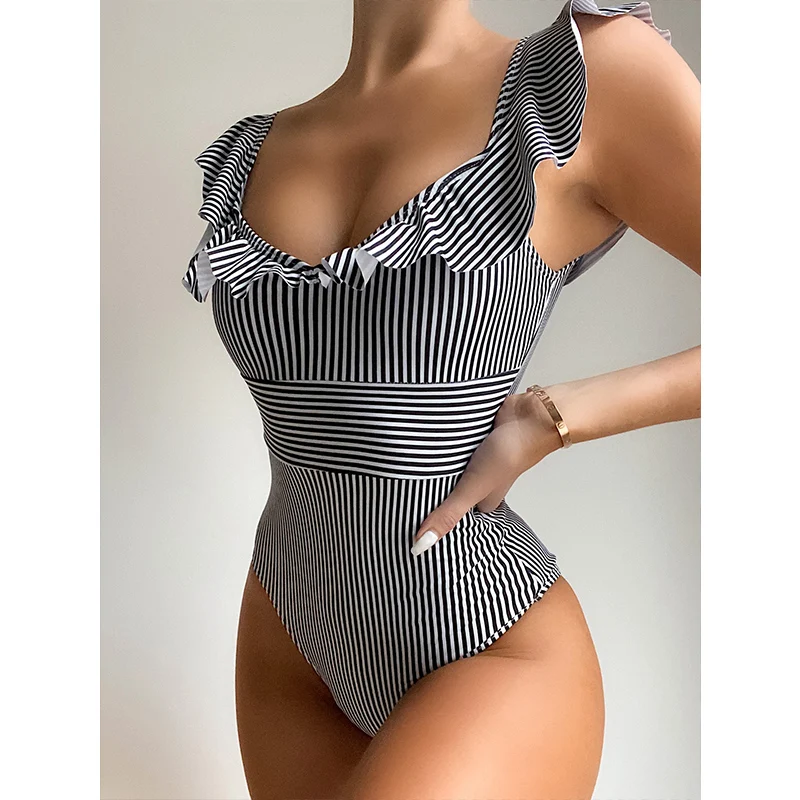 

Micendy Striped Swimsuits One Piece Swimwear Women Summer Bathing Suits Ruffle Back Swimsuit Conservative Swimming Wear Monokini